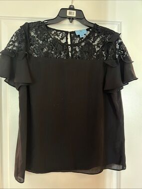 CeCe Black Lace Yoke Ruffle Sleeve Blouse